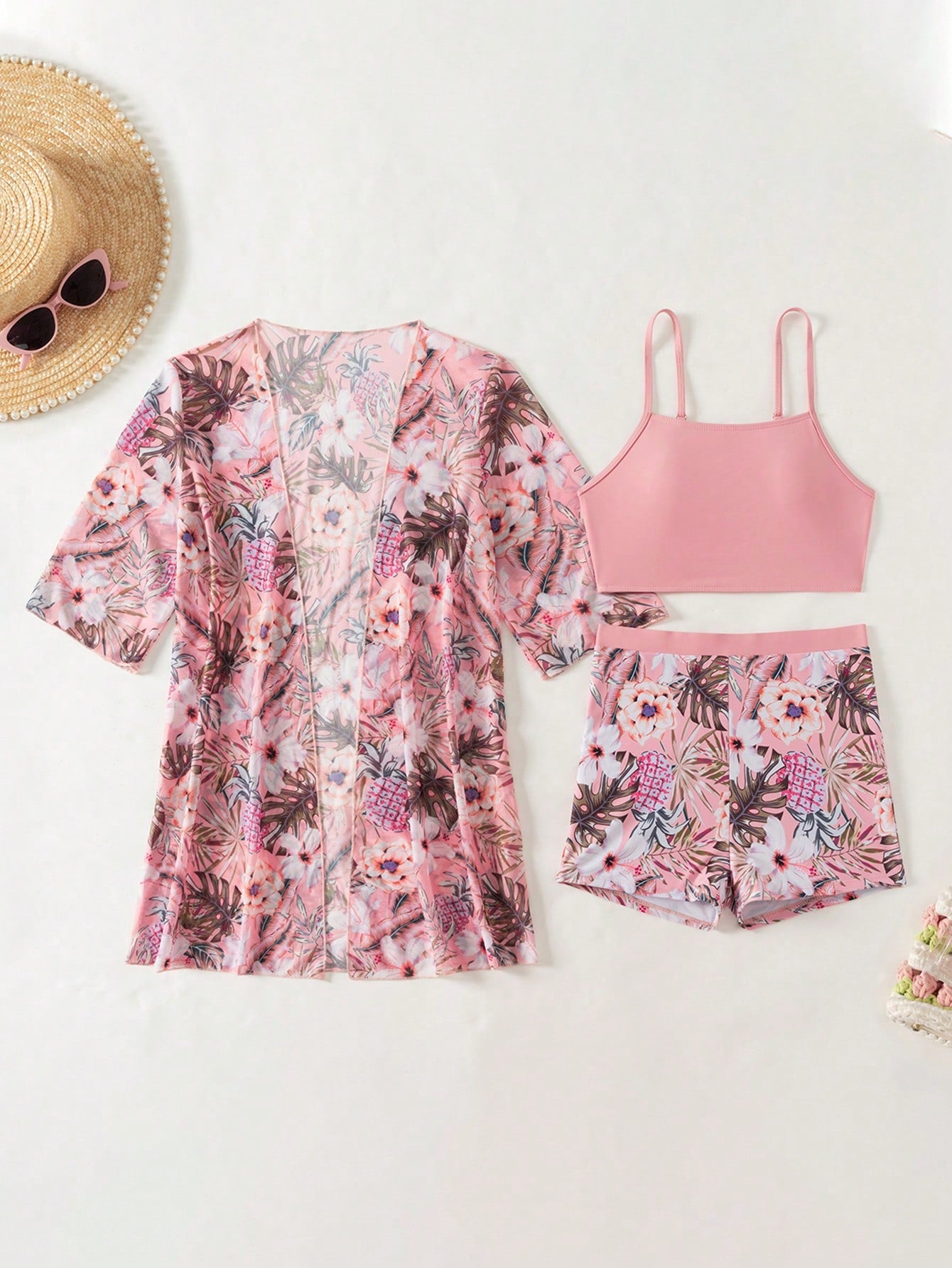 Conjunto Top Cropped E Kimono Estilo Tropical