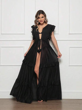 Saída De Praia Kimono Longo Com Babados E Amarração