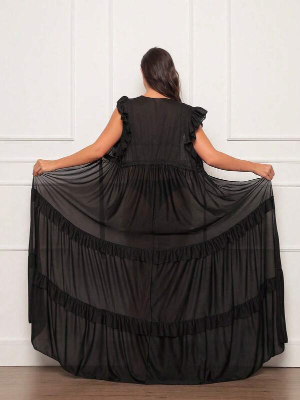 Saída De Praia Kimono Longo Com Babados E Amarração