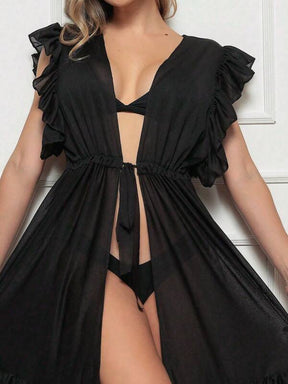 Saída De Praia Kimono Longo Com Babados E Amarração