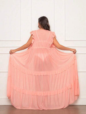 Saída De Praia Kimono Longo Com Babados E Amarração