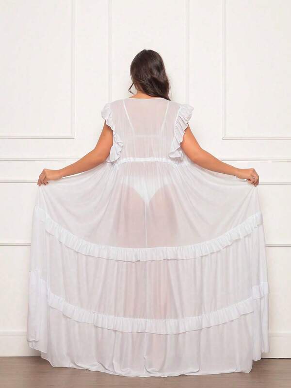 Saída De Praia Kimono Longo Com Babados E Amarração