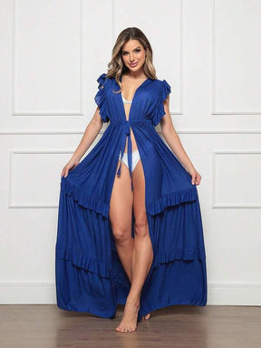 Saída De Praia Kimono Longo Com Babados E Amarração