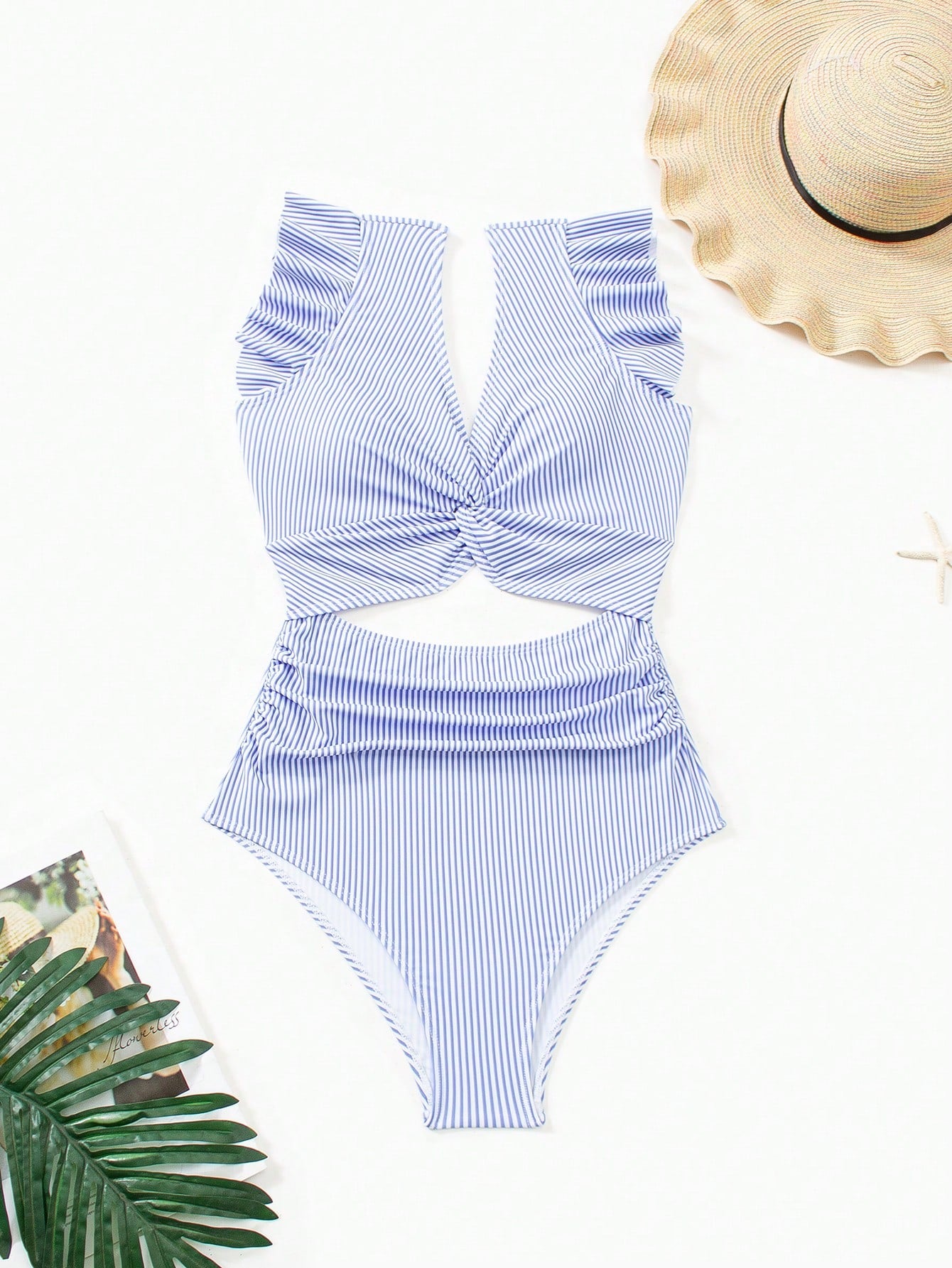 Maiô Decote V Com Recorte Frontal E Babados Elegante