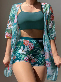 Conjunto Top Cropped E Kimono Estilo Tropical