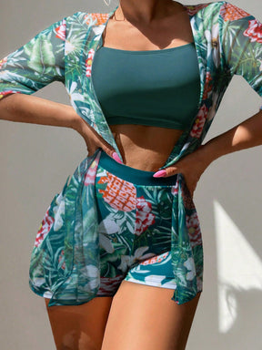 Conjunto Top Cropped E Kimono Estilo Tropical