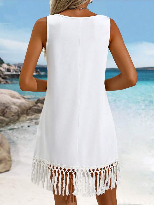 Saída De Praia Vestido Curto Com Franja Artesanal