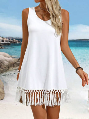 Saída De Praia Vestido Curto Com Franja Artesanal