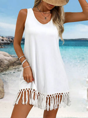 Saída De Praia Vestido Curto Com Franja Artesanal