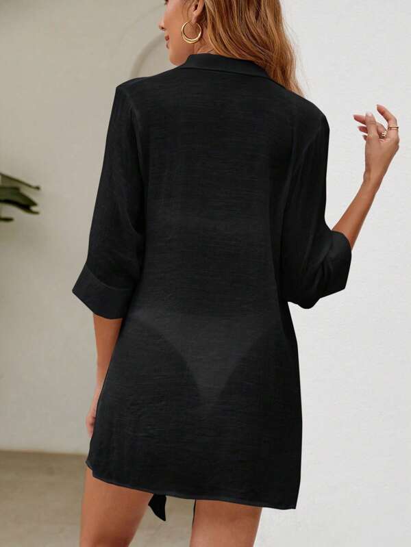 Saída De Praia Chemise Longa Com Botões Frente