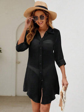 Saída De Praia Chemise Longa Com Botões Frente