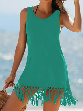 Saída De Praia Vestido Curto Com Franja Artesanal