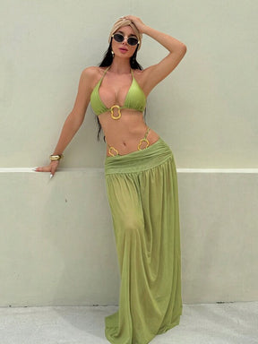 Conjunto Biquíni Triângulo Argolas Com Saída De Praia Longa Tule