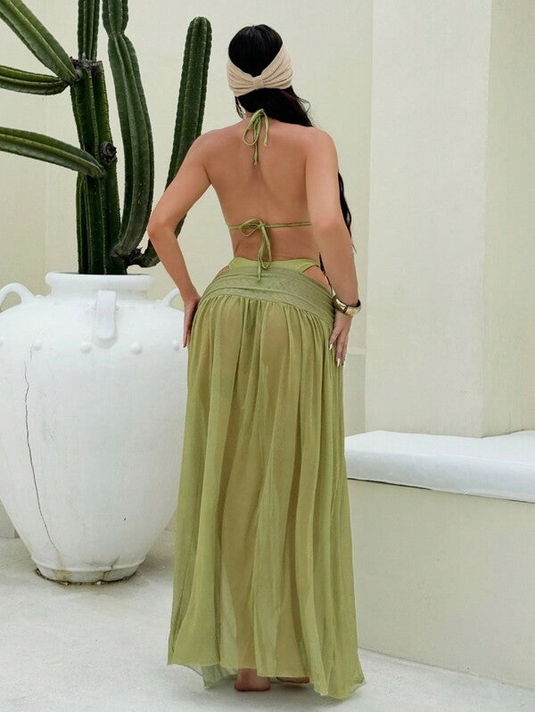 Conjunto Biquíni Triângulo Argolas Com Saída De Praia Longa Tule