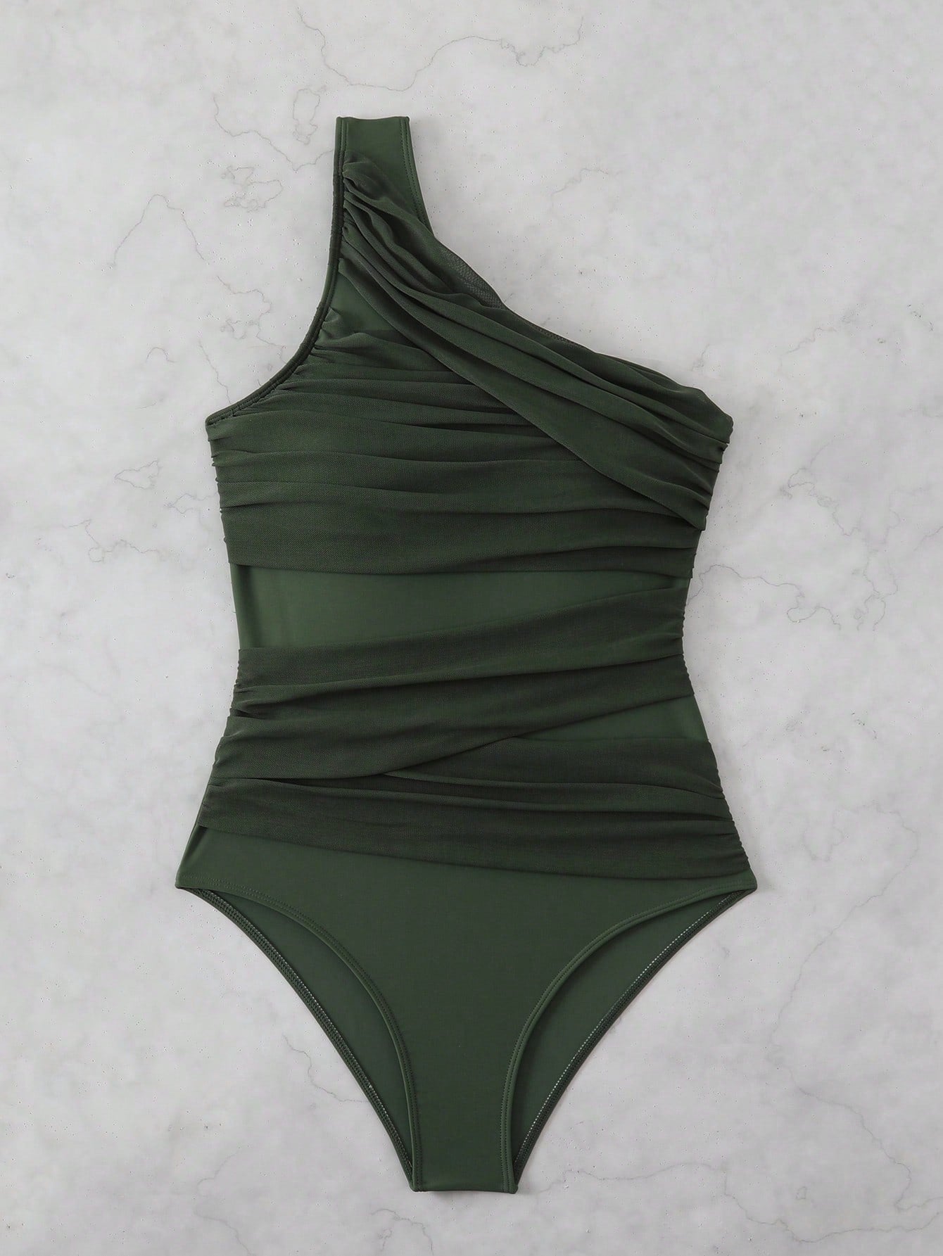 Maiô Um Ombro Só Drapeado Com Tule Estilo Elegante