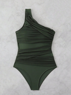 Maiô Um Ombro Só Drapeado Com Tule Estilo Elegante