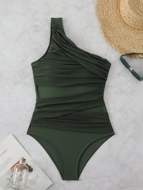 Maiô Um Ombro Só Drapeado Com Tule Estilo Elegante