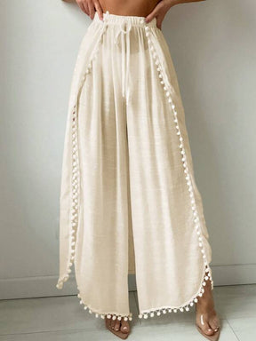 Saída De Praia Calça Fluida Com Fendas E Detalhe Pompons