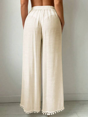 Saída De Praia Calça Fluida Com Fendas E Detalhe Pompons