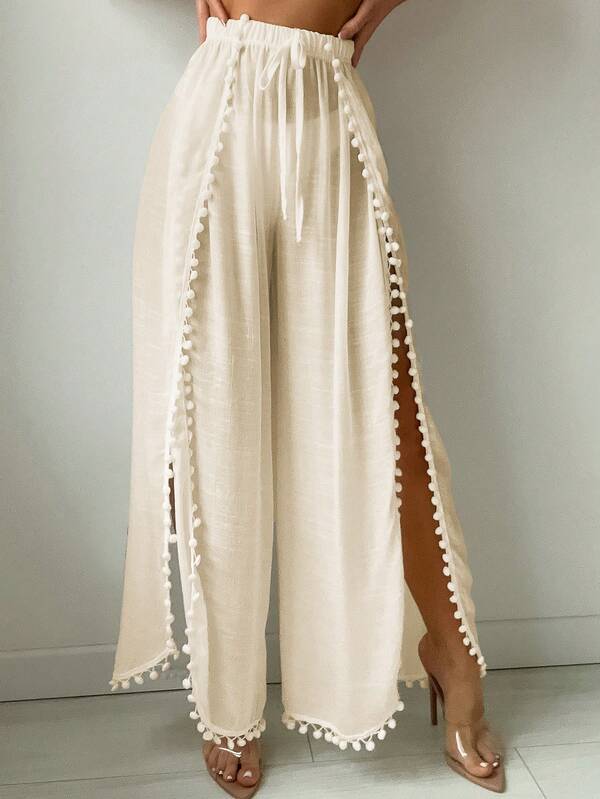 Saída De Praia Calça Fluida Com Fendas E Detalhe Pompons