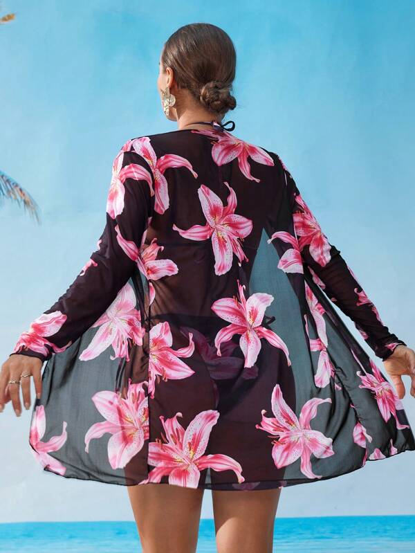 Conjunto Triângulo Com Kimono Estilo Floral Tropical