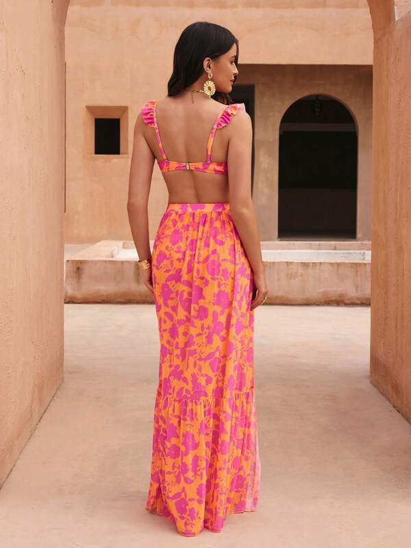 Conjunto Estampado Com Babados E Saia Longa Fluida