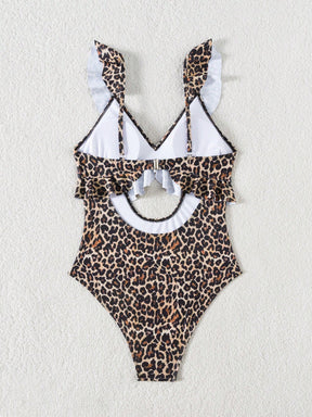 Maiô Decote V Com Babados E Recorte Estampa Animal Print