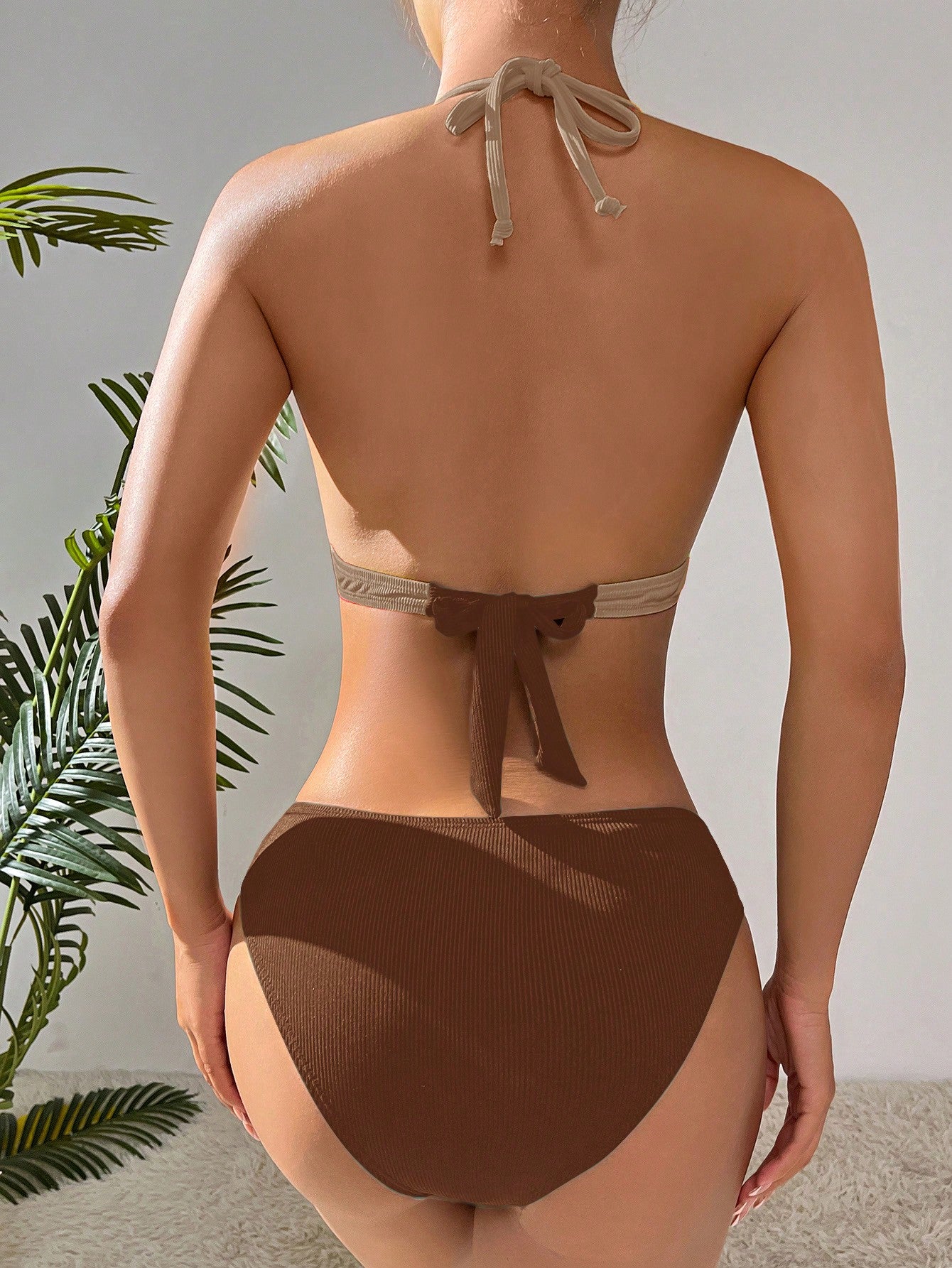 Biquíni Triângulo Cintura Alta Canelado Contrastante