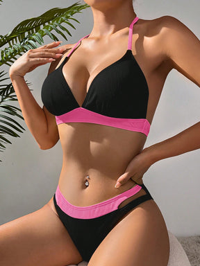 Biquíni Triângulo Cintura Alta Canelado Contrastante