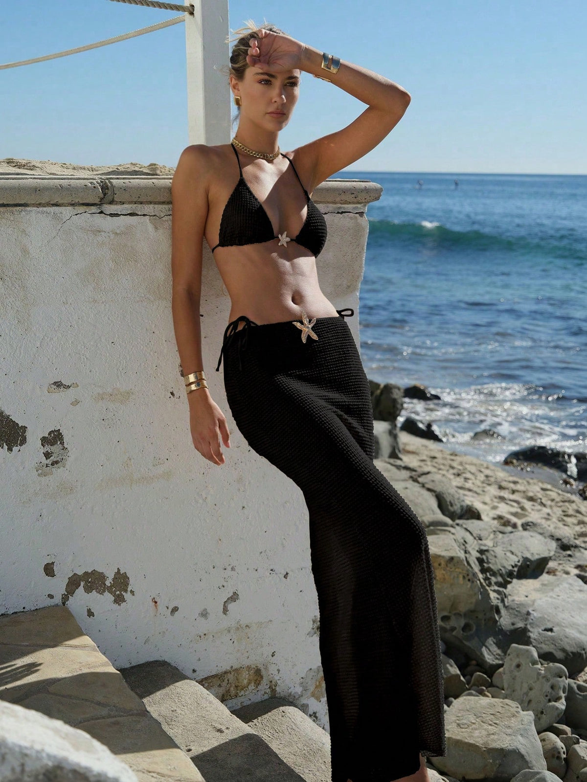 Conjunto Cortininha Com Saia Longa De Tricô Vazado