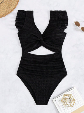 Maiô Decote V Com Recorte Frontal E Babados Elegante