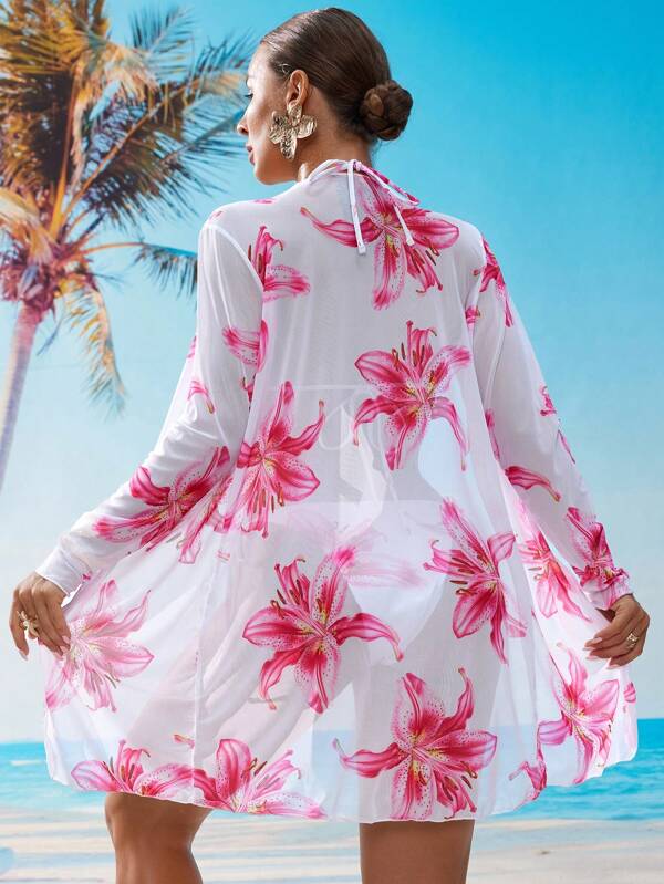 Conjunto Triângulo Com Kimono Estilo Floral Tropical