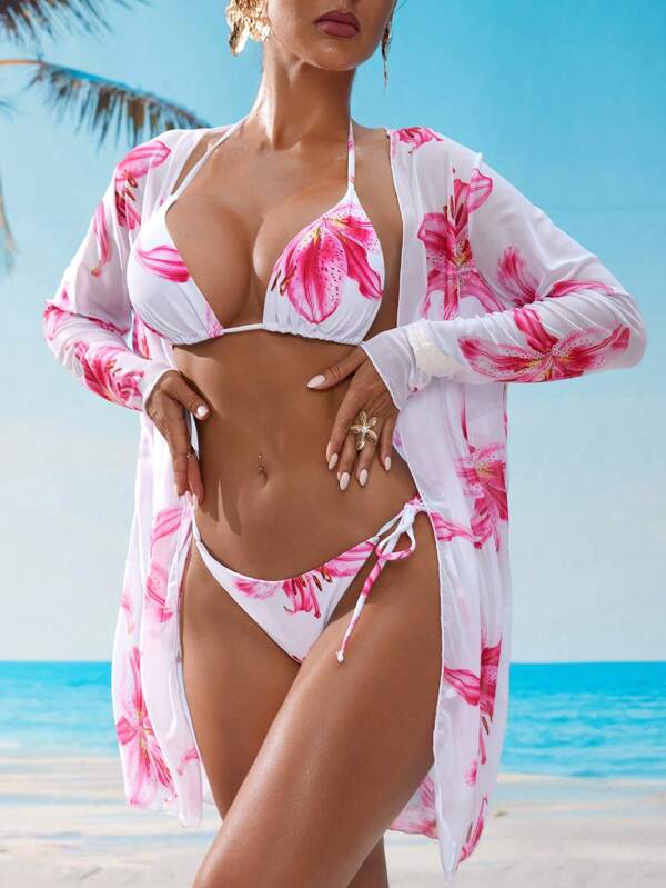 Conjunto Triângulo Com Kimono Estilo Floral Tropical