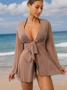 Saída De Praia Kimono Curto Transparente Com Amarração