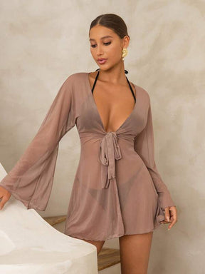 Saída De Praia Kimono Curto Transparente Com Amarração