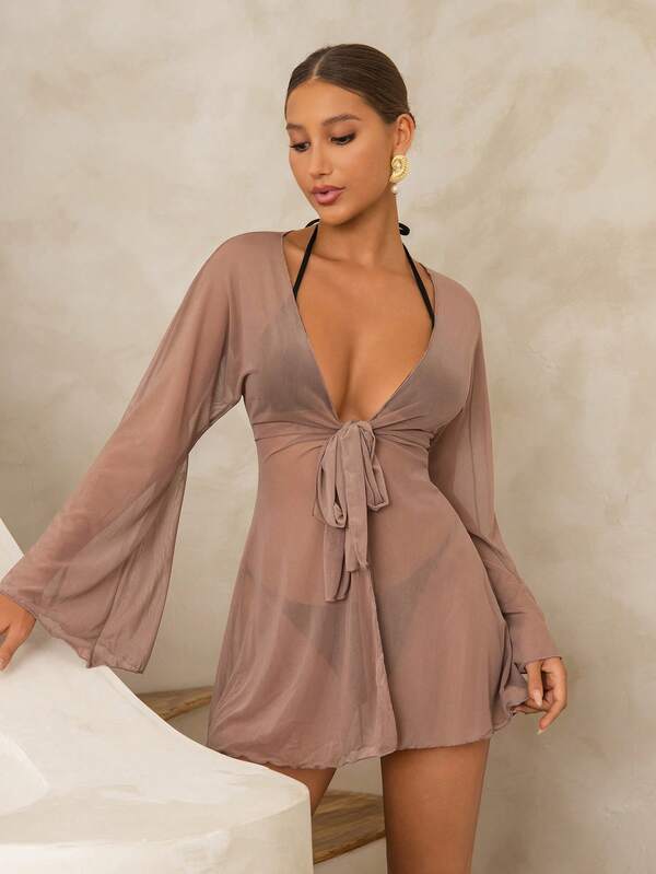 Saída De Praia Kimono Curto Transparente Com Amarração