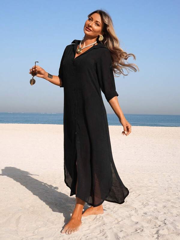 Saída De Praia Chemise Longa Com Fenda Lateral