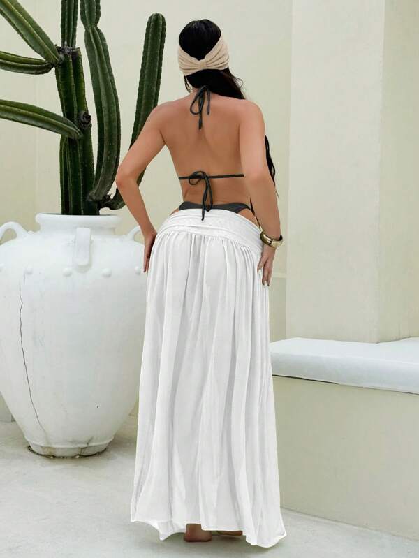 Conjunto Biquíni Triângulo Argolas Com Saída De Praia Longa Tule