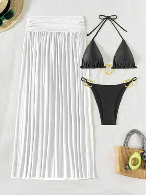 Conjunto Biquíni Triângulo Argolas Com Saída De Praia Longa Tule