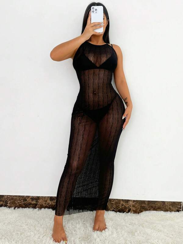 Saída De Praia Vestido Longo Transparente Com Trama Ondulada