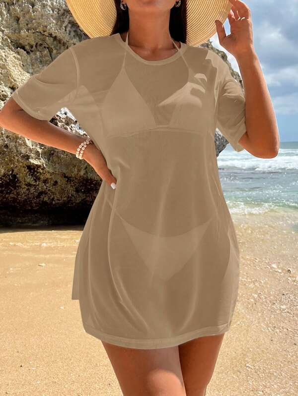 Saída De Praia Vestido Curto Transparente Estilo Camiseta