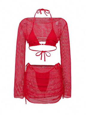 Conjunto Biquíni Triângulo Com Tela Vazada Estilo Crochê