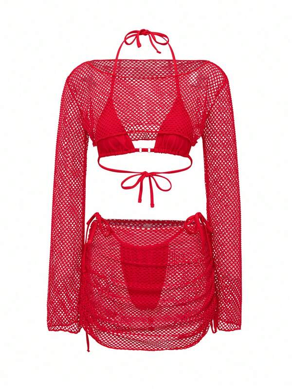 Conjunto Biquíni Triângulo Com Tela Vazada Estilo Crochê