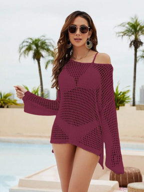 Saída De Praia Blusa Curta Trama Aberta Com Ombro Caído