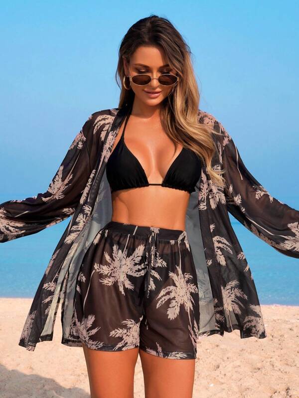 Saída De Praia Conjunto Kimono E Short Estampa Tropical