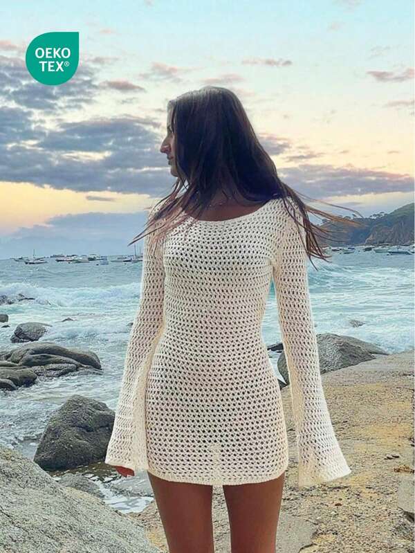 Saída De Praia Vestido Curto Estilo Crochê