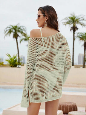 Saída De Praia Blusa Curta Trama Aberta Com Ombro Caído