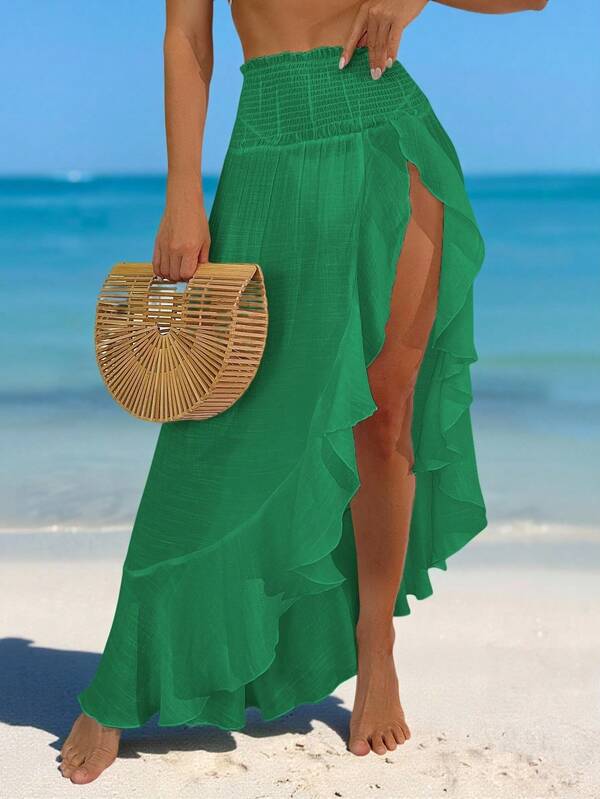 Saída De Praia Saia Longa Assimétrica Com Babados E Fenda