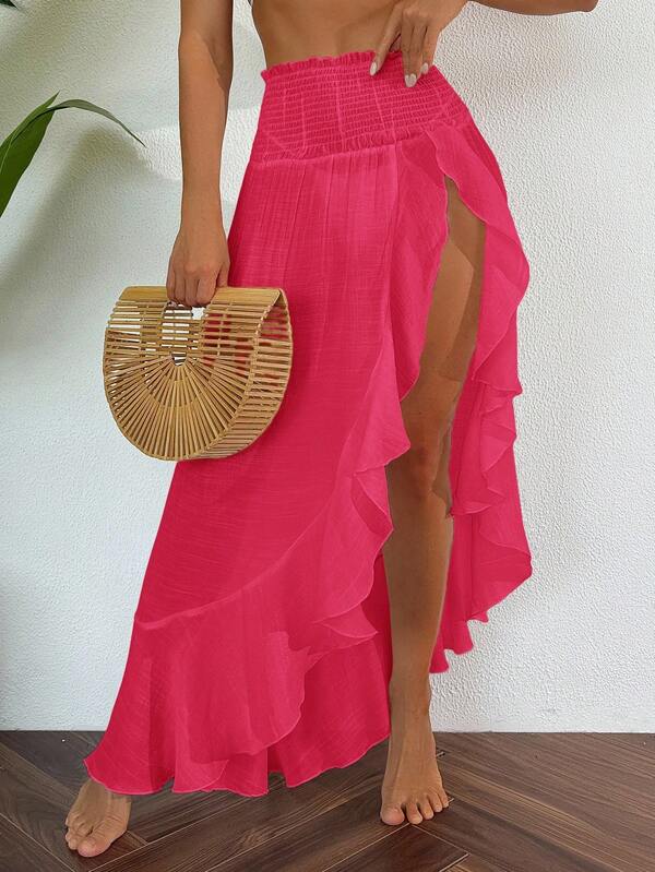 Saída De Praia Saia Longa Assimétrica Com Babados E Fenda