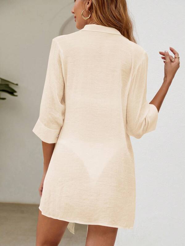 Saída De Praia Chemise Longa Com Botões Frente